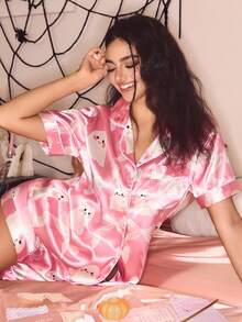 SweetSlumber INS 可爱万圣节幽灵蝴蝶结印花缎面前开睡衣套装女士 - 彩色 - 查看 5