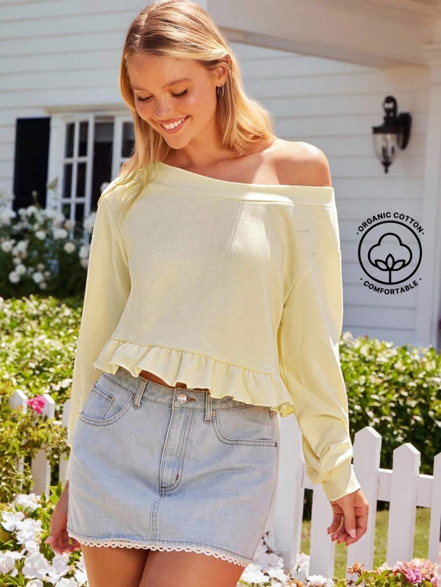 WESTFADE 奶油黄色水洗法式毛圈布不对称领口蝴蝶结刺绣袖口荷叶边下摆短款运动衫秋季乡村音乐会 - 黃色 - 查看 1