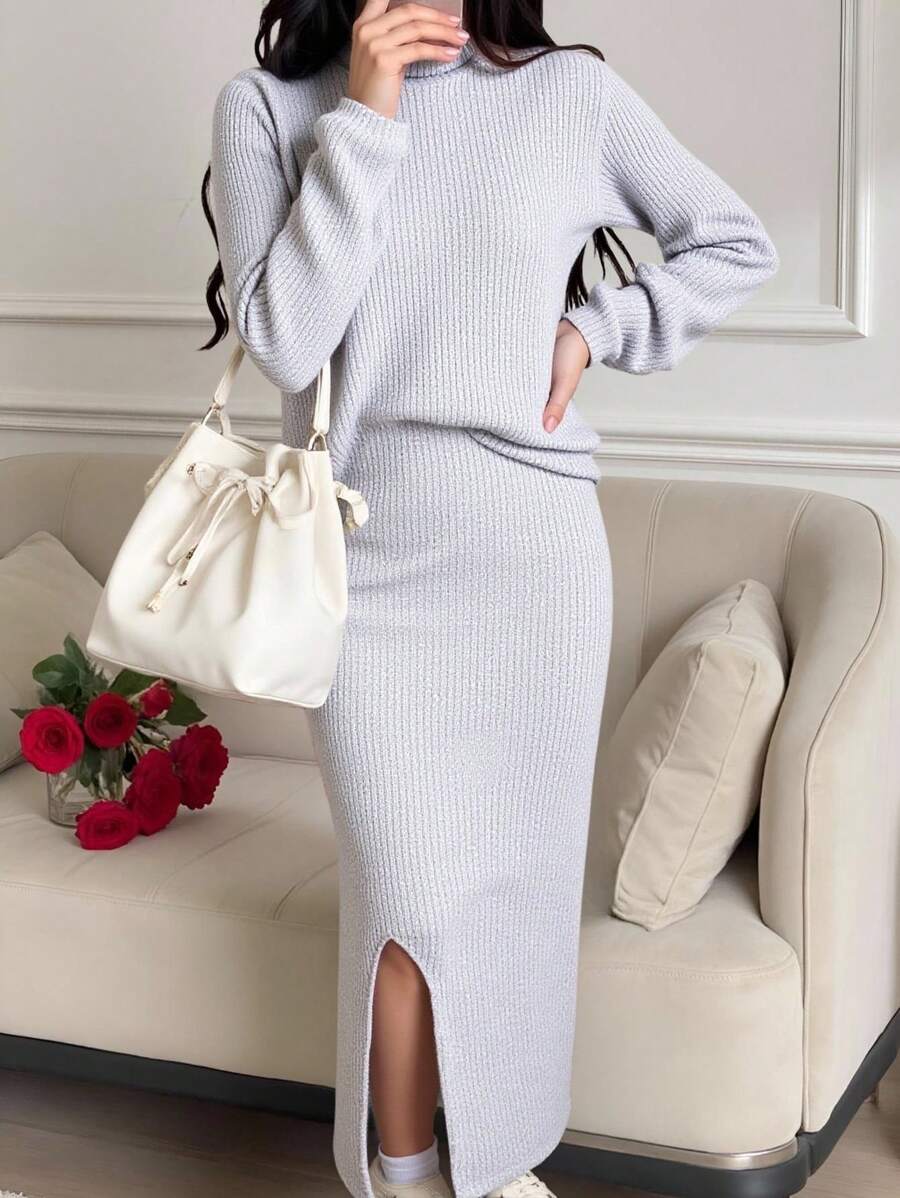 SHEIN 少女中长裙和长袖上衣套装,时尚简约优雅休闲波西米亚针织纽扣口袋,适合日常、正式、晚会、生日、节日、旅行 - 灰色 - 查看 1