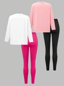 SHEIN 4 件套青少年女孩休闲卡通樱桃和蝴蝶结印花服装，适合日常居家或户外穿着，甜美风格秋冬服装 - 彩色 - 查看 2