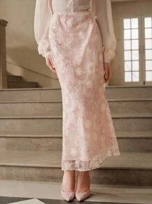 SHEIN Unity Women's Elegant Floral Embroidered Skirt, Romantic Pink - Pink - View 5