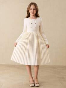 女童优雅简约时尚圆领常规肩长袖高腰中长纯色褶皱连衣裙，适合返校季、四季穿着，柔软褶皱设计，也适合圣诞节、万圣节和秋冬季节。 - 杏色 - 查看 4