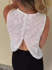 Jeta Ari 女式圆领拼接蕾丝后背不对称下摆纹理休闲假日衬衫 - 白色 - 查看 3