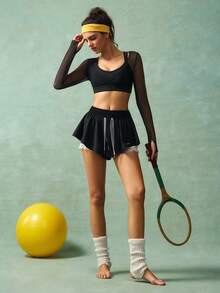 VARSIVA 女式纯色二合一长袖 T 恤，休闲运动两件套运动裙套装网眼健身上衣镂空短款运动衫健身套装 - 黑色 - 查看 5