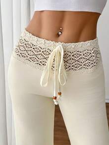 SHEIN PETITE 女式白色针织腰带配串珠抽绳直筒宽松休闲度假裤 - 杏色 - 查看 10