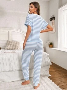Snug Zone 女士休闲条纹半扣短袖长裤睡衣套装，服装夏季睡衣条纹睡衣套装两件套睡衣套装配套休闲套装女士条纹睡衣 - 藍色 - 查看 2