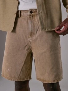 Musero 男士纯色斜口袋牛仔短裤 - 卡其色 - 查看 5
