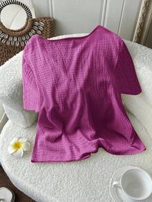 SHEIN LUNE 大码女式纯色V领短袖前系带纹理面料夏季上衣 - 中紫紅色 - 查看 2