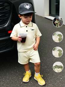 SHEIN Genkimix Kids 2025新款夏季2件套新生儿宝宝POLO衫短袖时尚婴儿服装翻领T恤4件套男宝宝夏季套装男宝宝套装男宝宝夏季套装男宝宝服装婴儿休闲套装