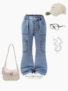Pantalones acampanados de mezclilla azul desgastada para niñas jóvenes, versátiles y de moda casual - Azul lavado medio - Ver 5