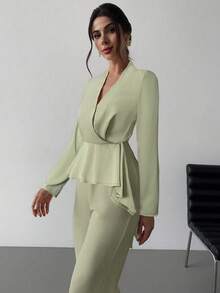 Firerie 女士新款优雅浪漫露背长袖交叉 V 领露背不对称下摆上衣和宽松直筒裤绿色两件套，秋季女装，外出装，机场装 - 綠色 - 查看 4