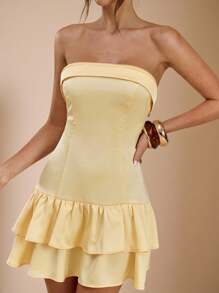 SHEIN BAE Pale Yellow Satin Strapless Backless Ruffle Hem Mini Dress,Summer Elegant Birthday Party Cocktail Formal Event Bridesmaid Dress For Women - Light Yellow - View 7