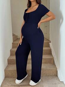 SHEIN 孕妇拼布前扣系腰休闲连体裤 - 藏蓝色 - 查看 7