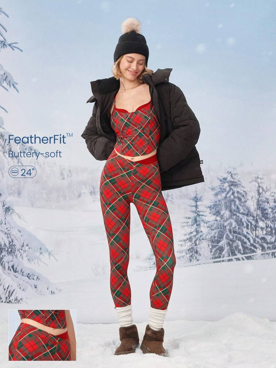 GLOWMODE 24" FeatherFit™ Merry & Bright Two-Tone Crossover Leggings Christmas Gifts Holiday  Low Impact Yoga Daily Spring Summer - Multicolor - View 1