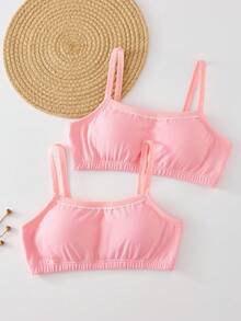2pcs/Set Girls Cute Sweet Style Light Pink Crescent Lace Trim Bow Decor Padded Camisole Bras For Teen Tween Girl Winter Basics Fall - Multicolor - View 3