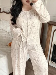 Dazy Plus 大码三件套碎花吊带背心+优雅长裤+纽扣门襟上衣睡衣套装，秋冬服装，舒适套装 - 白色 - 查看 8