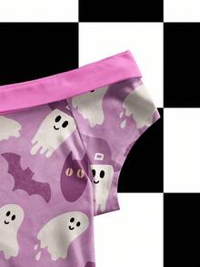 Maryam Alam Y2K Style Women's Off-Shoulder T-Shirt, Pink, Creative Graffiti Cartoon Ghost, Bat Print For Halloween, Sweet & Spicy Halloween Shirt Ghost Shirt Cat Shirt Kawaii Shirt Cute Shirt Cute Halloween Shirt Bat Shirt Kawaii Halloween Shirt - Pink - View 3