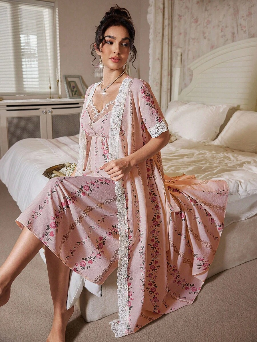 CottageSlumber 2 Stücke/Set aus Camisole-Kleid mit Blumenstickerei und kurzärmligem Morgenmantel aus Spitze - Verschiedenfarbig - Übersicht 1