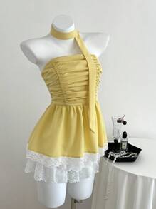 Elamini Lace Trim Hem Tube Top With Plaid Scarf - Yellow - View 3