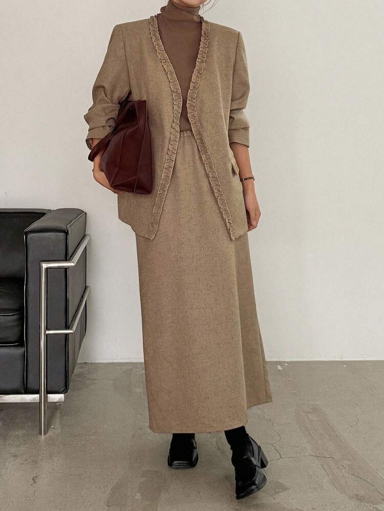 Women's V-Neck Ruffle Decor Loose Blazer And Long Straight Loose Skirt Casual Suit Set Business Attire