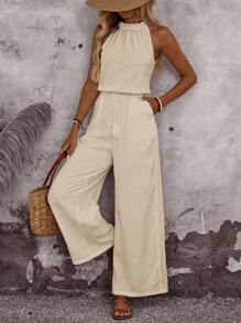 EMERY ROSE Summer Vacation Casual Solid Color Halter Jumpsuit - Apricot - View 10