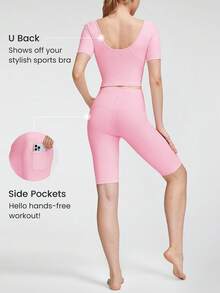 GLOWMODE FeatherFit™ Cropped T-Strap Tank & High-Rise Biker Shorts Set - Pink - View 5