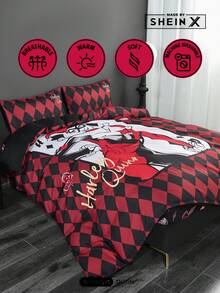 Harley Quinn X SHEIN 3pc Cartoon Character And Argyle Pattern Bedding Set,Suitable For Single Bed/Double Bed/Queen Bed/King Bed, Dormitory/Home - Multicolor - View 9