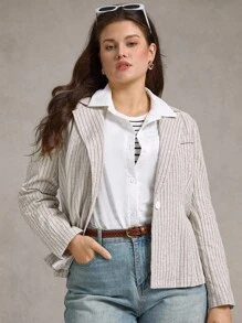 Zelara Blazer casual a righe e collo a bavero con maniche lunghe, da donna taglia comoda, stile vintage per scuola e lavoro, adatto per insegnanti e donne d'affari casual, blazer a righe per curvy, da indossare in autunno/inverno, per uscire - Multicolore - Visualizzare 6
