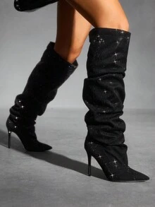 CUCCOO SZL Women's Rhinestone Pointed Toe Stiletto Heel Ruched Over-The-Knee Boots, Fashion For Dates And Parties For Christmas Spring Shoes - Black - View 6