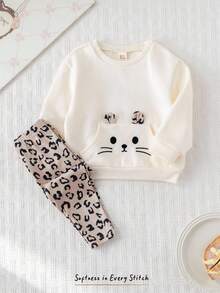 Cozy Pixies 2pcs Baby Girl Cartoon Cat Pattern Knit Soft Crew Neck Long Sleeve Pullover Sweatshirt And Elastic Waist Pants Set Fall Winter - Multicolor - View 3