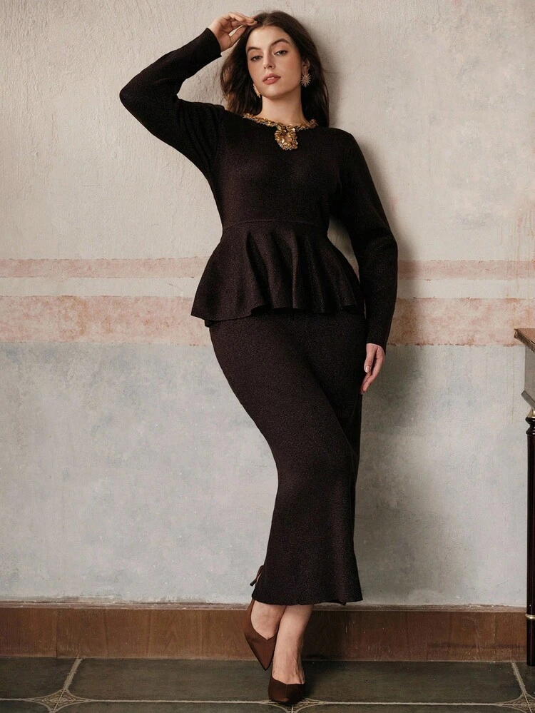 High-End Fashion Vintage Inspired Retro Coin Sequin Embellished Wool Blend Ruffle Hem Plus Size Dress - Mocha Brown - View 6