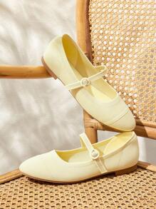 CUCCOO BASICS 女士时尚浅黄色面料舒适透气玛丽珍平底鞋，适合通勤、约会、派对、度假 - 黃色 - 查看 1