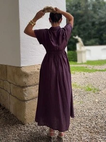 Jeta Ari Chic V-Neck Single-Breasted Twist Waist Long Dress, Women's Vacation/Festival/Going-Out Outfits, Spring/Summer Casual Dresses For Women - Purple - View 2