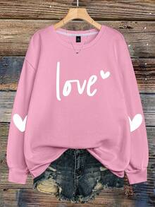 EMERY ROSE Plus Size Women's Love Letter Heart-Shaped Pattern Printed Round Neck Sweatshirts,Valentine Fall Cloth For Women Winter Autumn - Pink - View 3