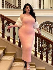 SHEIN MOOSTA Women's Slim Fit Waist Cinched Long Knit Sweater Dress, Autumn/Winter Fall - Pink - View 6