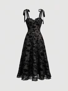 SHEIN MOD 女士夏季印花植绒吊带连衣裙 - 黑色 - 查看 1