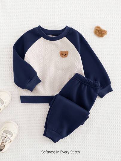 Cozy Pixies Conjunto de 2 piezas de sudadera con cuello redondo de manga raglán y pantalón jogger con forro térmico de color contrastante para niño bebé