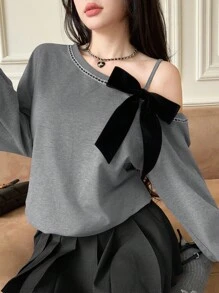 Modelyn Áo nỉ ngắn tay dáng rộng, thắt nơ chéo vai phong cách Hàn Quốc thu/đông - Màu xám đen - Xem 7