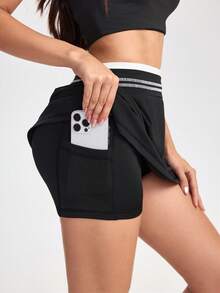 SHEIN Sports 女式夏季撞色条纹装饰缝线细节运动短裙，带口袋 - 彩色 - 查看 5