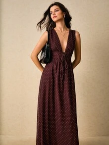 Poéselle 女士波尔卡圆点V领无袖系带连衣裙，时尚夏季