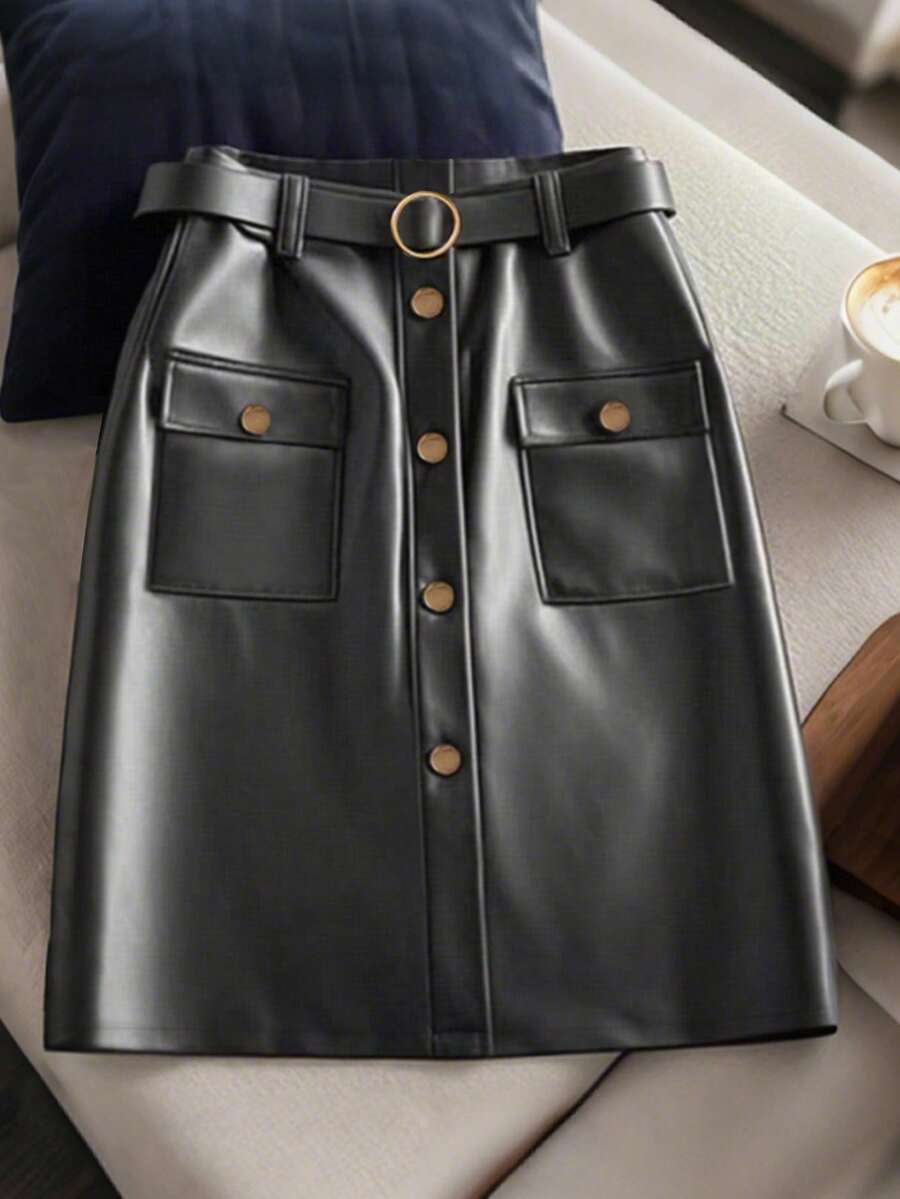 GlowEve Women's Solid Color Front Button Closure Skirt, Suitable For Commuting - Black - View 1