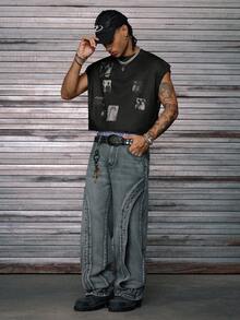 AXEPEAK 男士针织时尚休闲宽松无袖背心，2000 年代风格 - 黑色 - 查看 4