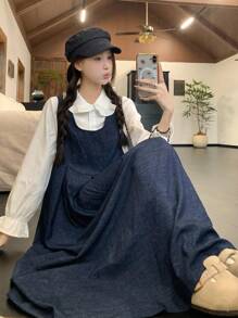 DAZY Women's Round Neck Pleated Korean Style Mid-Length Denim Dress - Blue - View 7