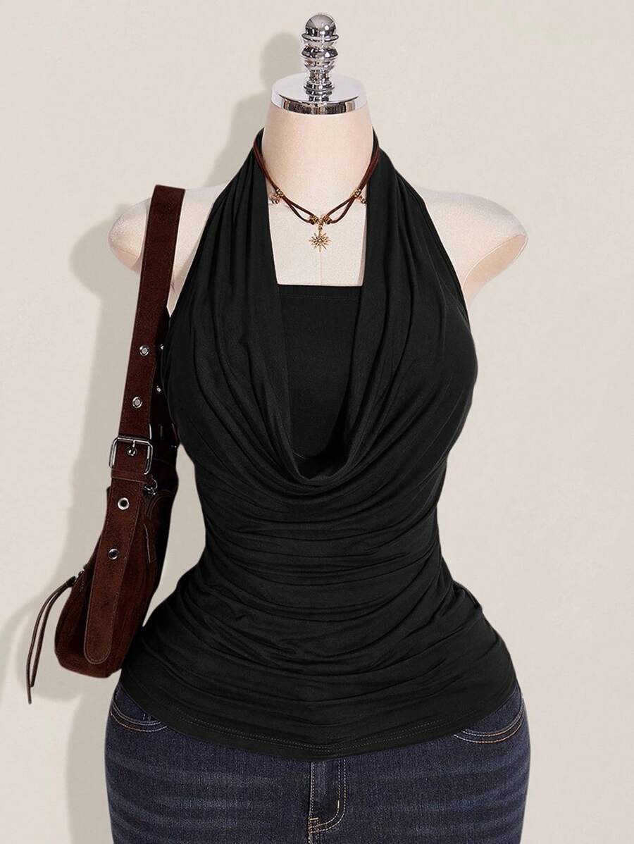 SHEIN ICON 加大码 2 件西方女性外出夏季波西米亚风挂脖棕色露背女式背心和吊带背心 - 黑色 - 查看 1