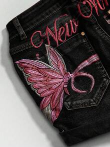 ROMWE Fairycore Quần short denim bó sát lưng thấp thêu hình bướm và đầu lâu cổ điển Y2K gợi cảm dành cho nữ, mùa hè - màu đen - Xem 5