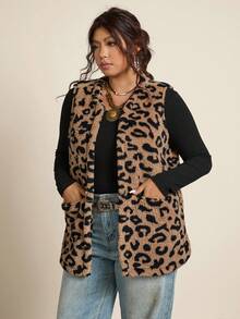 Freevana 大码女式休闲毛绒质感双口袋豹纹开襟背心外套，适合秋季穿着 - 彩色 - 查看 8