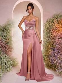 Glamrae Đầm satin thanh lịch không dây vai, cổ khoét sâu, chất liệu lưới xuyên thấu, họa tiết xương cá, hoa 3D, dáng đuôi cá, xẻ cao bên hông, xếp ly, dây buộc điều chỉnh được, thích hợp cho hẹn hò, kỳ nghỉ, sinh nhật, tiệc tùng, dạ hội, đám cưới, các dịp trang trọng, ngày Valentine. - Bụi hồng - Xem 6