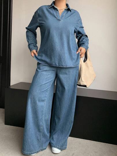 Dazy Plus 两件套：水洗蓝牛仔翻领套头衫和宽松直筒牛仔裤，大码，春秋季