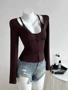 Elamini 1 pieza Camiseta de manga larga con cuello redondo, ajustada, de estilo casual con detalles de encaje marrón y parches, para la temporada de vuelta al colegio