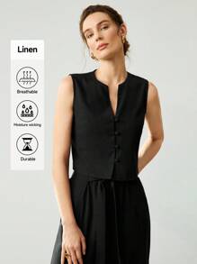 Uhlyne 女装春夏轻薄职场通勤休闲日常优雅藏青色亚麻V领无袖上衣带吊带假裹身阔腿裤两件套 - 黑色 - 查看 2